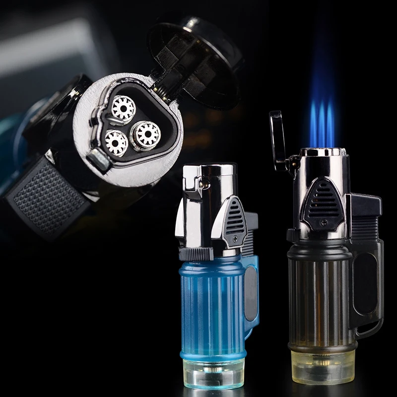 

Прозрачная визуальная надувная зажигалка, трехпламенная прямая зажигалка для сигар, ветрозащитный и прочный инструмент для зажигания прижигания для выпечки