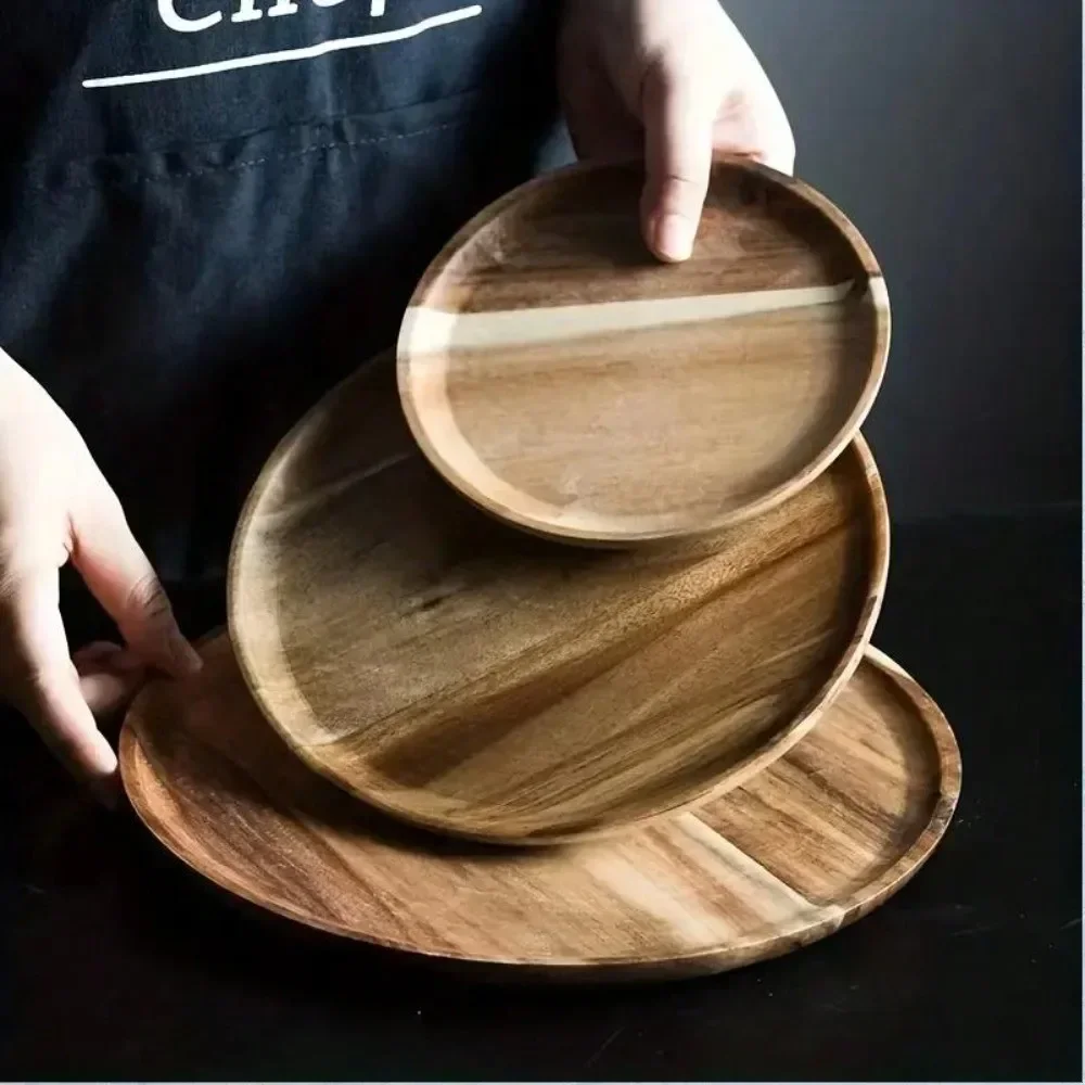 1Pc Wood Serving Plate Handmade Kitchen Dinner Plate with Grooved Handle Tray Durable Tableware Home Kitchen Supplies Gadgets