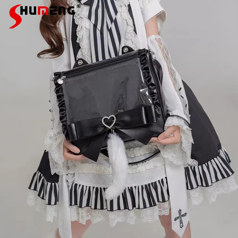 

Оригинальный японский милый милый мешок в стиле Лолиты с бантом и оборками в виде сердца, лоскутный универсальный кавайный черный рюкзак из искусственной кожи для женщин, сумка