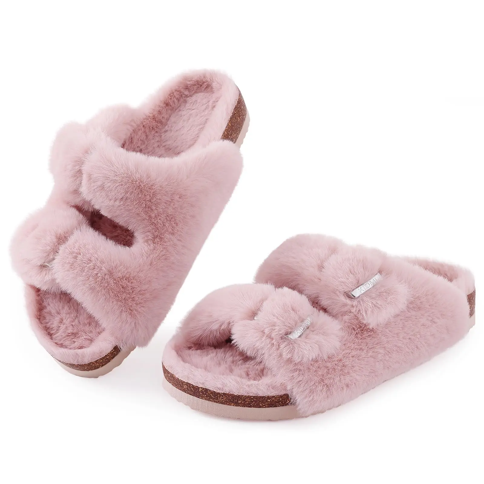 Pallene Winter Fuzzy Slides Women Indoor Fluffy Fur Slippes Female Adjustable Plush Cork Slides Warm Winter Open Toe Fur Sandals