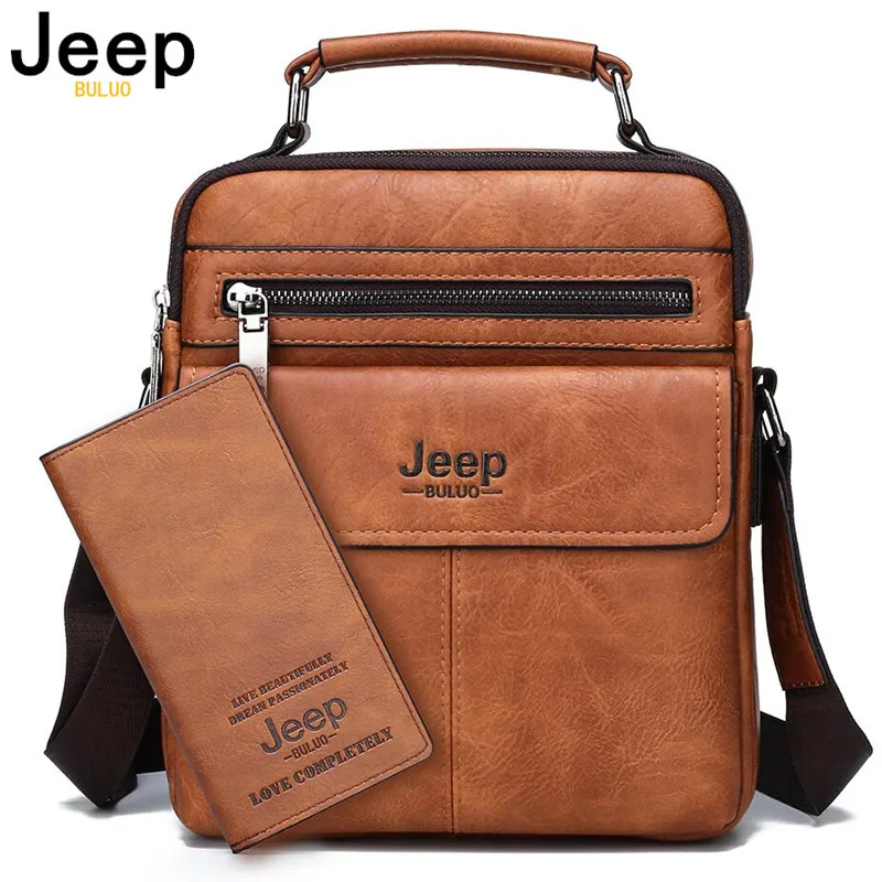 JEEP BULUO Brand Men\'s Crossbody Shoulder Bags High quality Tote Fashion Business Man Messenger Bag Big Size Split Leather Bags