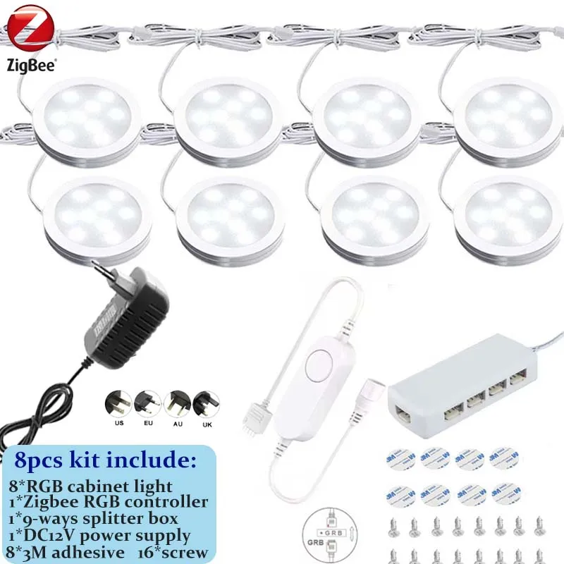 DC12V Tuya Zigbee LED Ronde Onder Kast Licht Kit RGB Kleurverandering Dimmen voor Keuken Plank, Spraakbesturing Google Alexa Echo