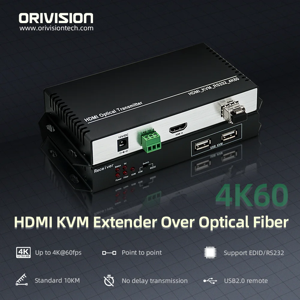 Extensor HDMI KVM sobre fibra, 4K60Hz, compatible con LC 10KM, RS232, EDID 4K, extensor USB KVM