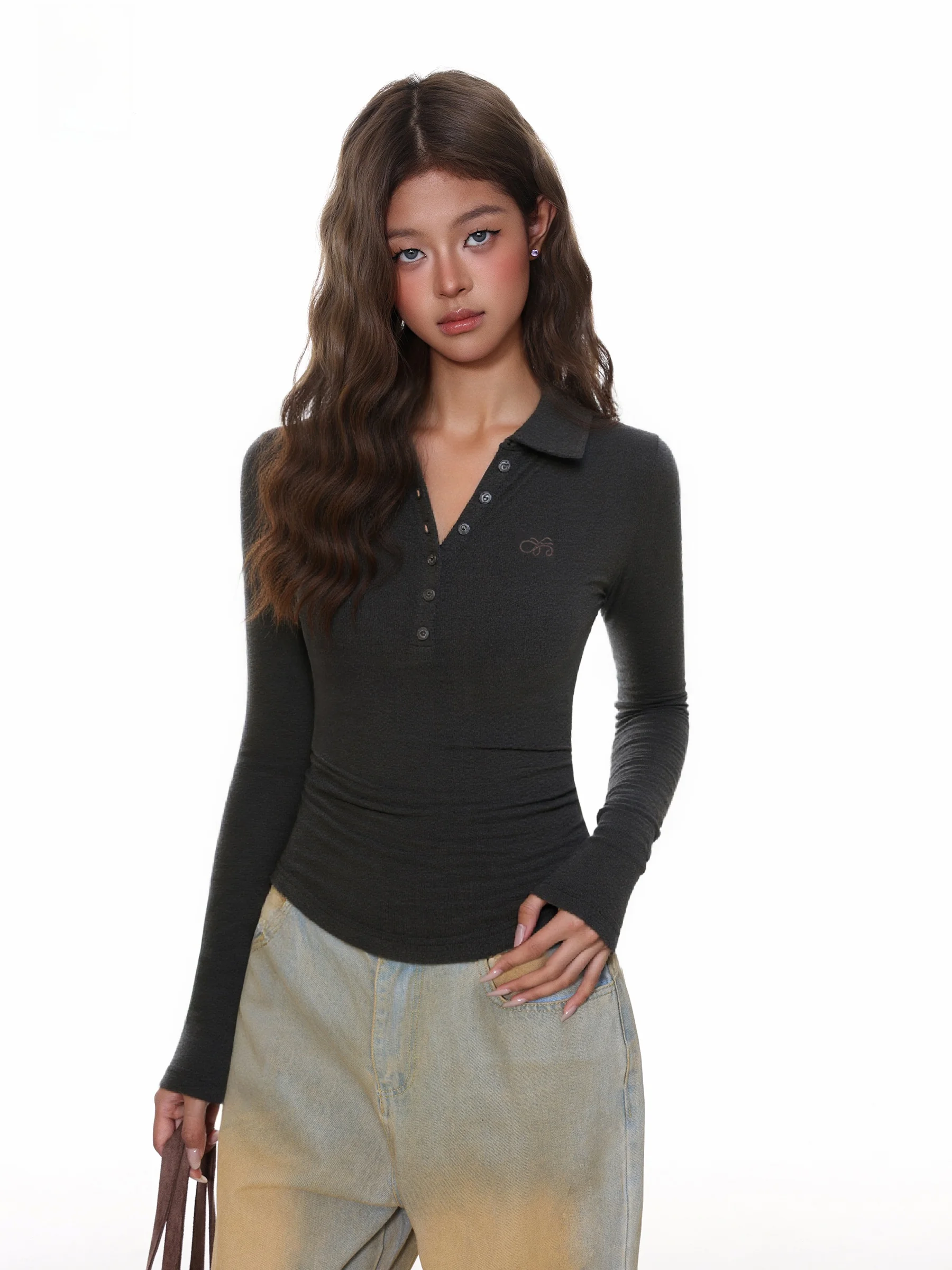 

Slim Fit Embroidered Long Sleeve Turn-down Collar Base Shirt Women's American Style Grey Slimming Inner Wear Autumn Top