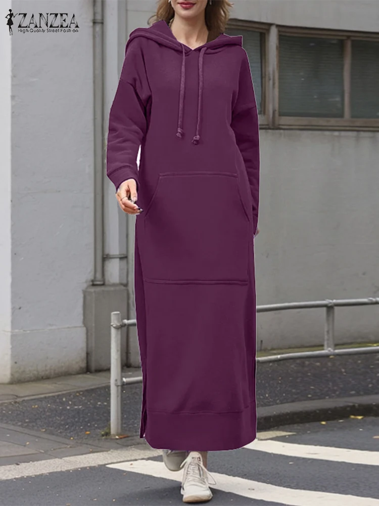 ZANZEA Plus Size Long Sleeve Sweatshirt Dress Women Autumn Solid Casual Loose Drawstring Hoodies Dress Streetwear Side Slit 5XL