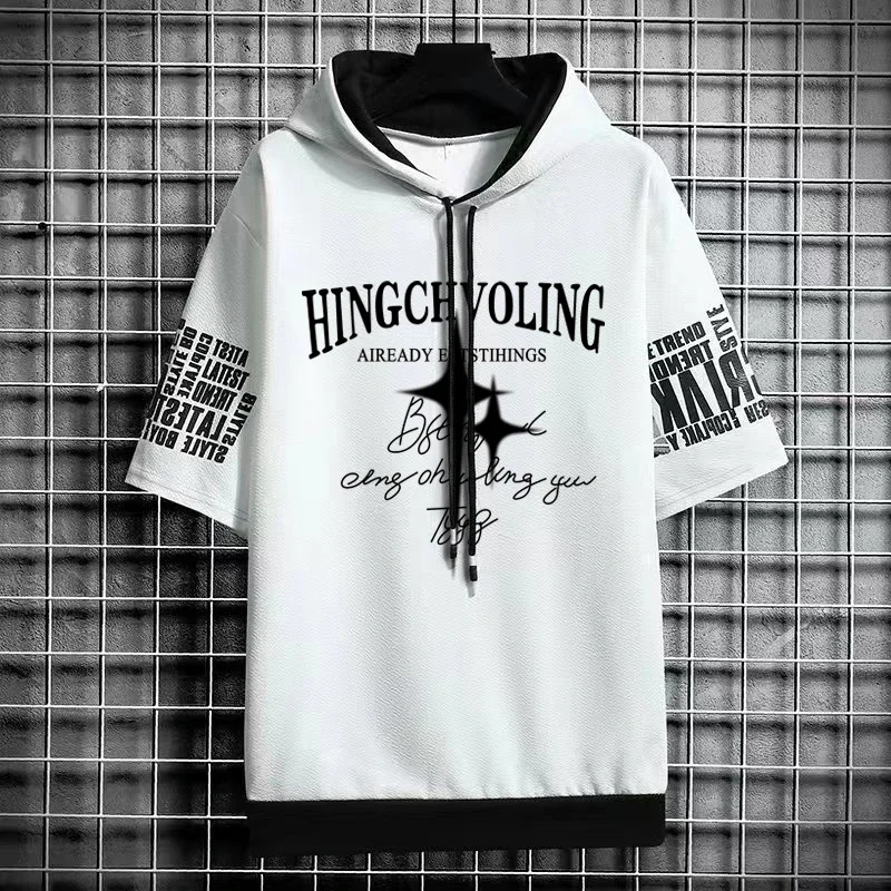 2024 Summer Men Short Sleeve Hooded Graphic T Shirts Harajuku Shirt American Streetwear Tees Casual Men Clothing Hot Sell T New