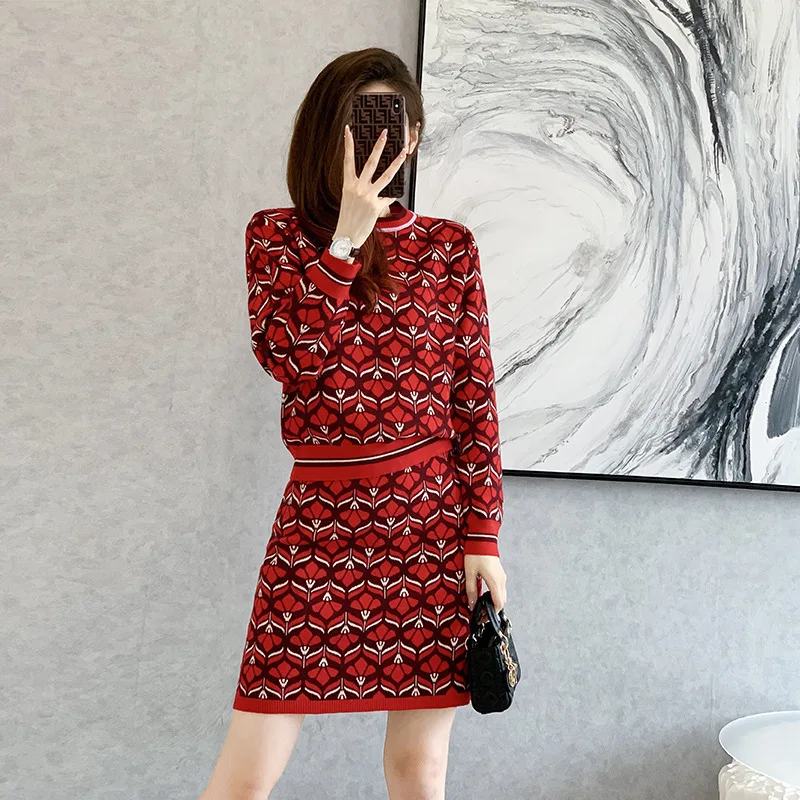 #0945 Vintage Pullovers Sweater And Skirts Two Piece Skirt Set Women Office Retro Knitted 2 Peice Set Ladies Slim Fit Woman Set