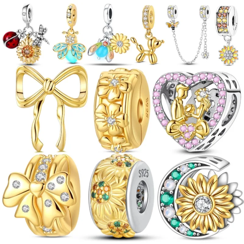 925 Sterling Silver Gold Series Charms Bead Sunflower Dogs Leopard Firefly Pendants Fit Original Bracelet Jewelry Gift Marking