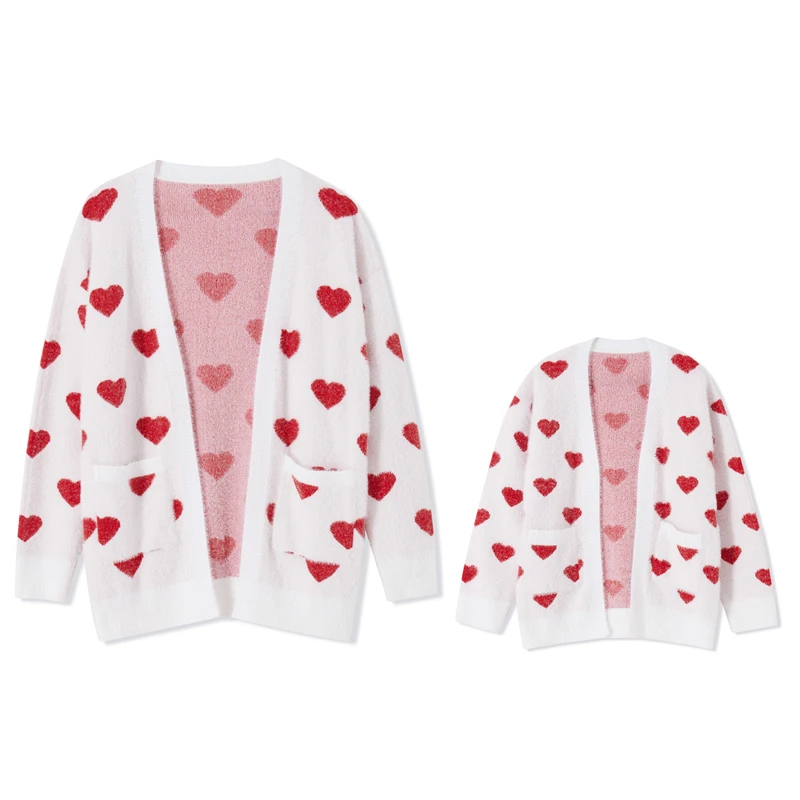 Mother and Daughter Cardigan Tops, Family Matching Long Sleeve Open Front Heart Sweater Coat with Pockets