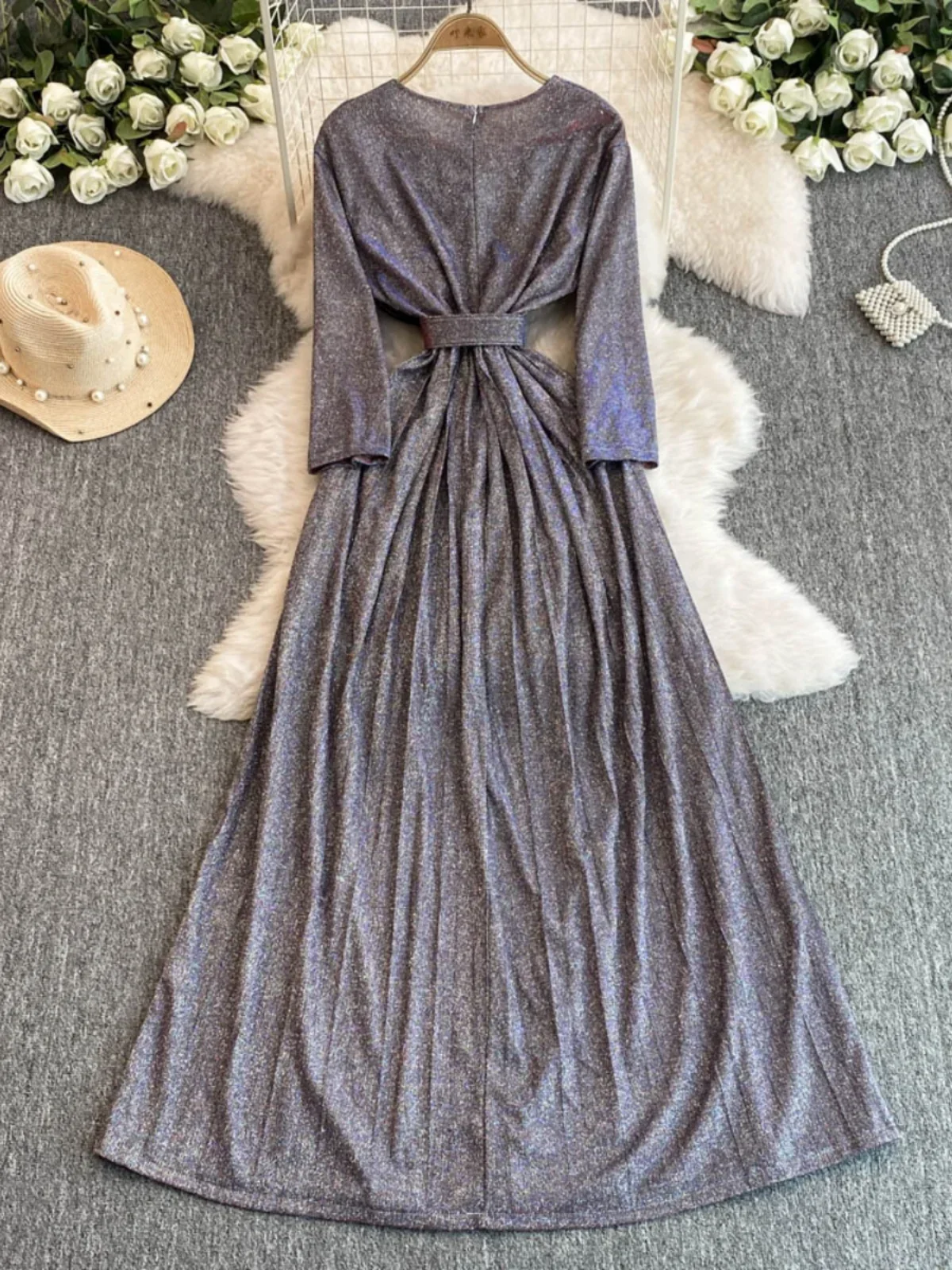 Foamlina Vintage Long Sleeve Evening Dress for Women Banquet V-neck Waist Show Thin Silk Big Swing Party Dresses autumn image 5