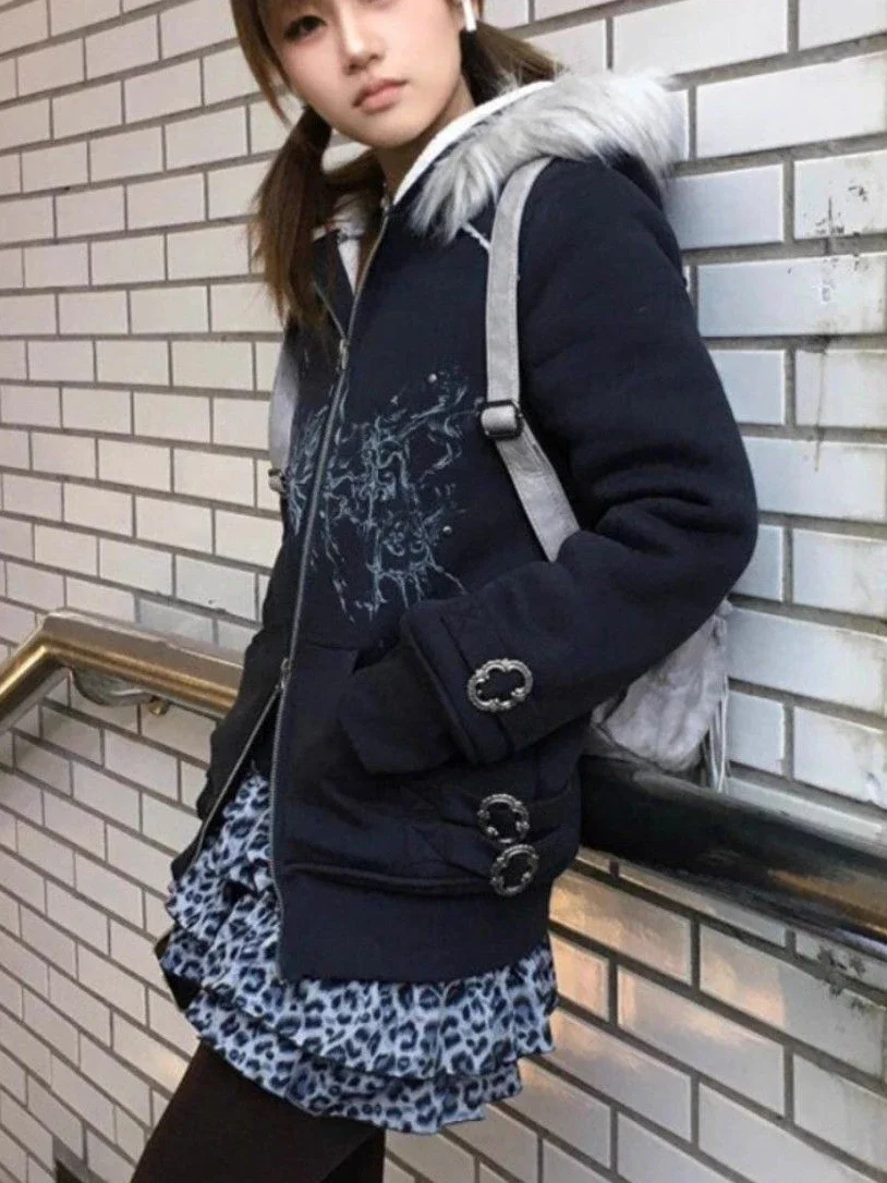 Y2kเสื้อกันหนาวขนสัตว์Patchwork Hoodiesผู้หญิงVINTAGEพิมพ์แจ็คเก็ตเกาหลีคู่ซิปHooded Coats Harajuku Grunge Streetwear