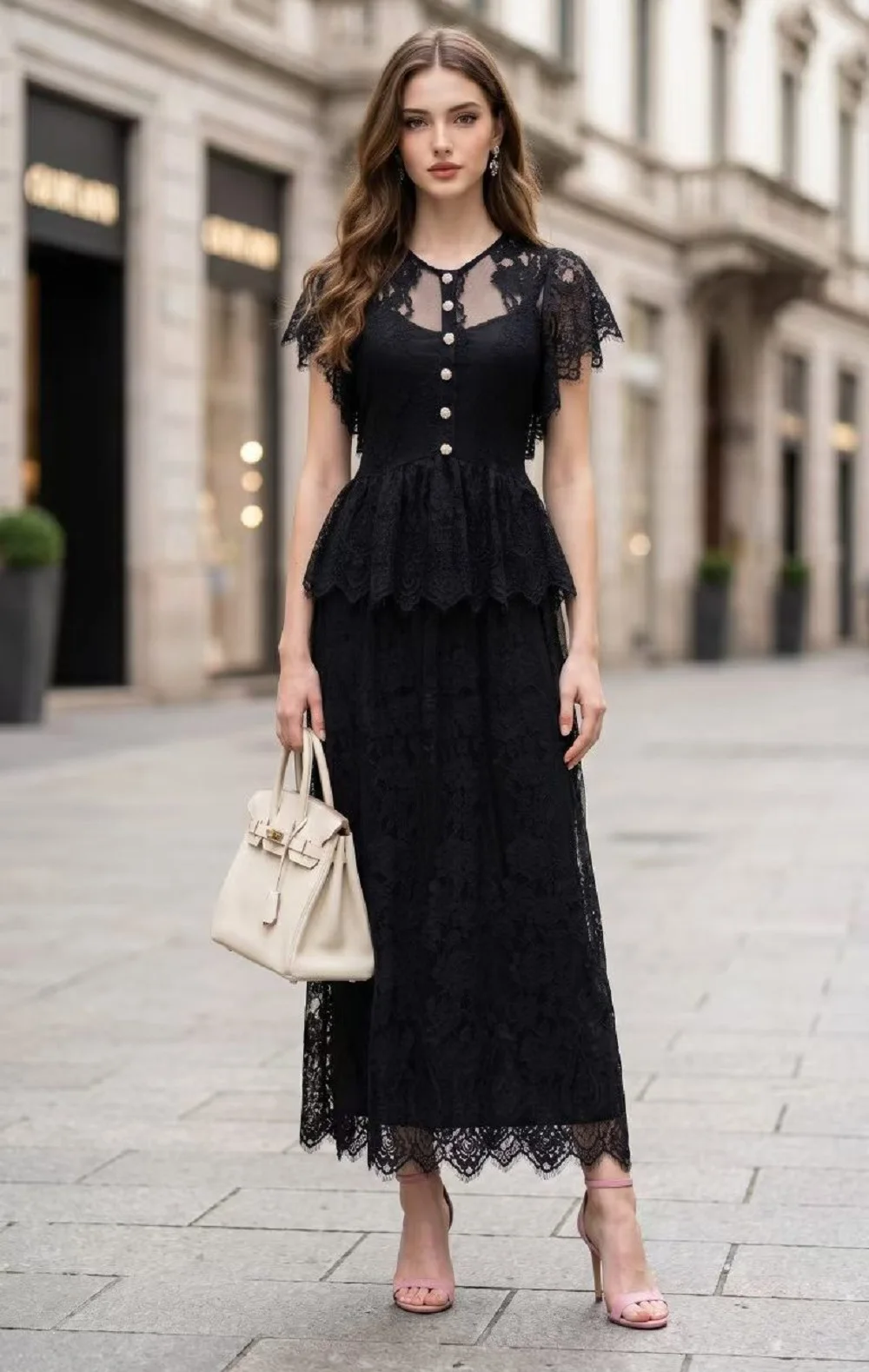 

XXL Long Lace Dress 2026 Summer Designer Fashion Women Allover Flower Patterns Beige Black Blue Party Luxury Dress Princess