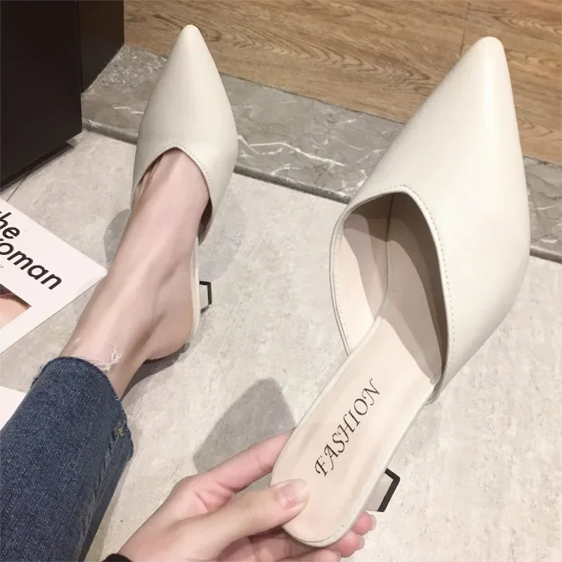 Summer Outside Modern Slippers Mid Heel Kitten Heel 2024 High Quality Ladies Shoes Solid Shallow Sexy Women's Slippers Chinelos