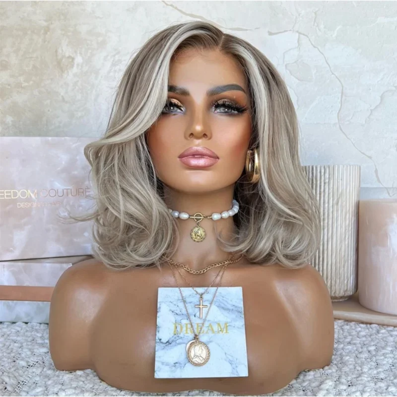 

Highlights Soft Dark Ash Platinum Dark Roots Wavy Synthetic Lace Front Wigs Transparent Lace Front Wigs Free Part Glueless Wigs