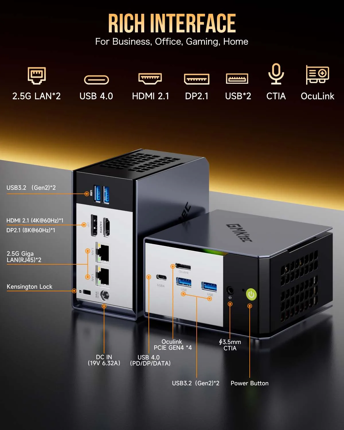 GMKtec Mini PC EVO-X1 AMD AI 9 HX 370 70W LPDDR5X 32GB 7500MHz PCIe4.0 M.2 SSD Wifi6 BT5.2 USB3.2*4 Computer da gioco AI