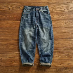 Casual heavy wash vintage jeans men's straight leg loose 100 wide leg tapered pants trend