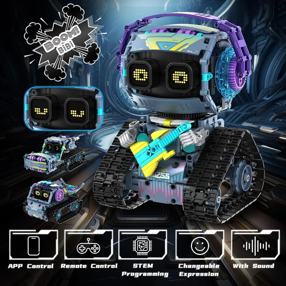 Kit robot STEM 3 in 1: blocchi di costruzione telecomandati e controllati da app con occhi LED, suono, regalo ideale per bambini dai 6 ai 12 anni