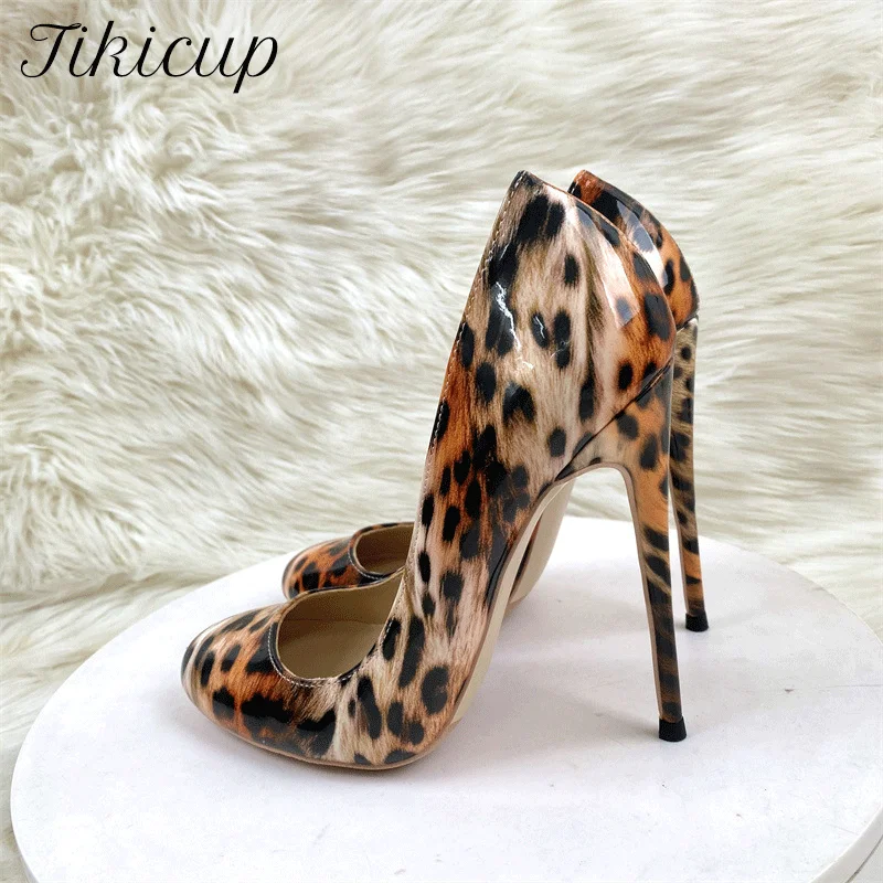 Tikicup 12cm/10cm Sexy High Heels Cute Mary Jane Leopard Patent Leather Stilettos Round toe Pumps Party Shoes Ladies Size33-46