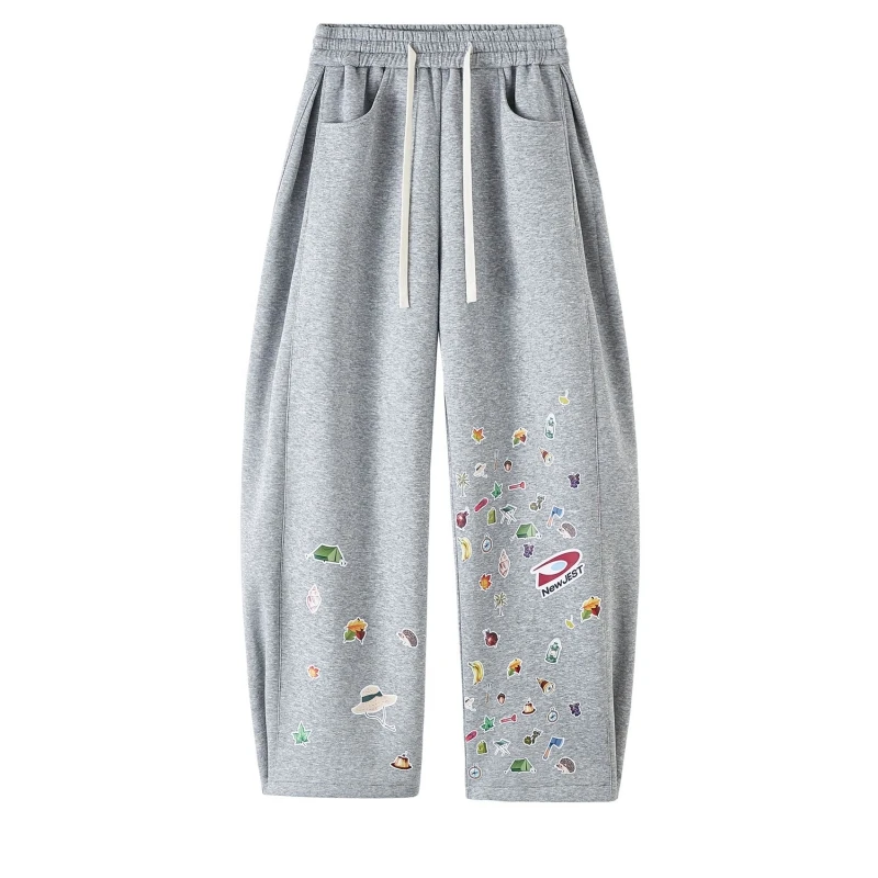 Men's Retro Breathable Printed Oversized Sweatpants With Elastic Waistband And Loose Pattern For Spring And Autumn Casual Pants