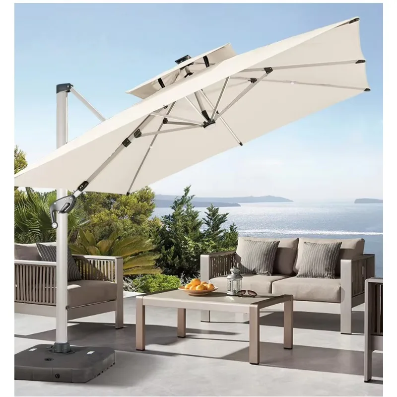 ร่มกันแดดกลางแจ้งแบบคานยื่น ขนาด 3.0 ม. x 3.0 ม. พร้อมไฟ LED และผ้าคลุม - ฐานหินอ่อน/ฐานถังน้ำ