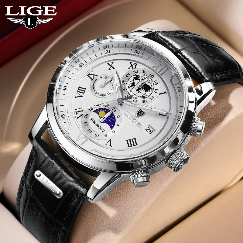 New Casual Men Watches LIGE Top Brand Leather Chronograph Waterproof Sport Date Clock Quartz Watch For Men Relogio Masculino+Box