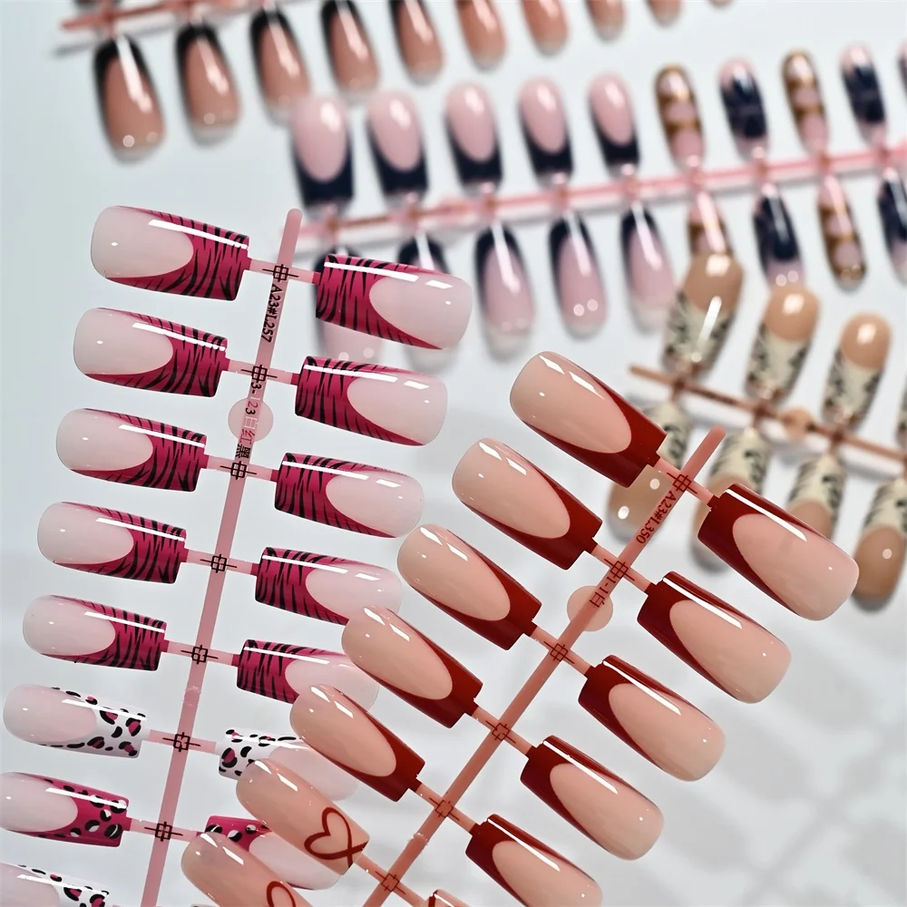 120 Stück lange, quadratische Y2K-Press-On-Nägel in Schwarz-Pink-Ombre mit Kuhmuster & rotem Herz-Dekor, künstliche Nägel mit Feile, wasserfeste Kunstnägel – Detail 5
