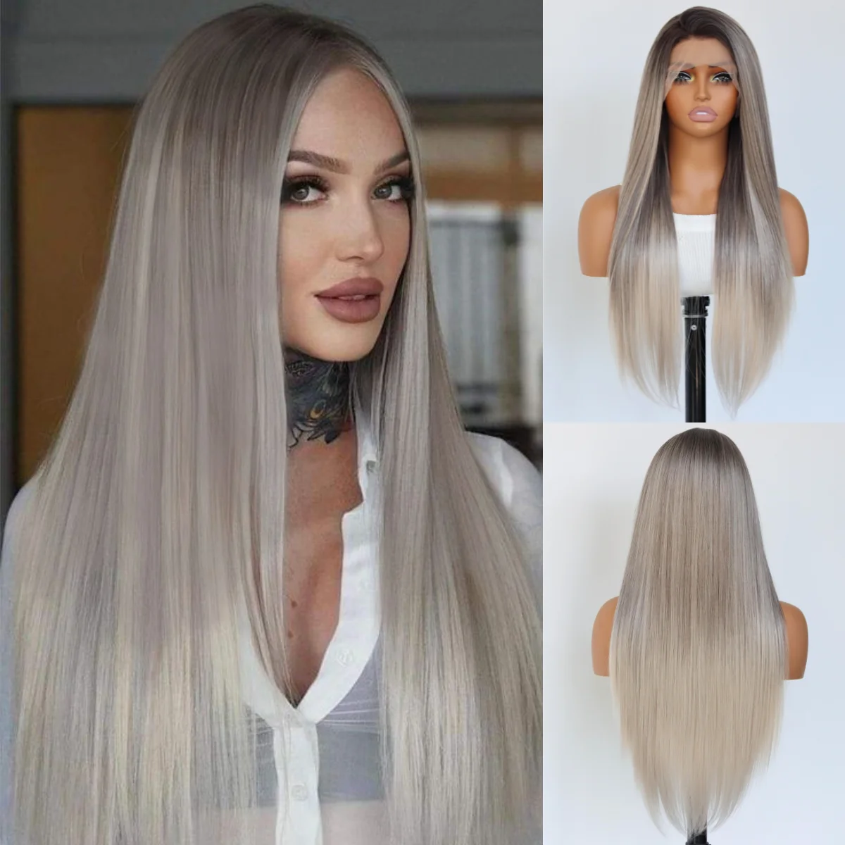 Long Gray Lace Front Synthetic Wig 13×4 Lace Front Wigs Omber Gray Heat-resistant Synthetic Wig Pre Plucked Natural Hairline