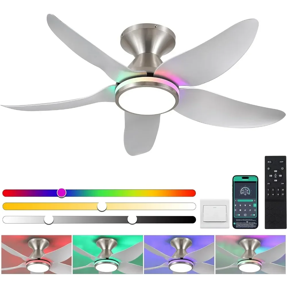 

Ceiling Fans with Lights Remote/APP Control, 38" Low Profile Ceiling Fans with Dimmable White Colors+RGB Ring Lights