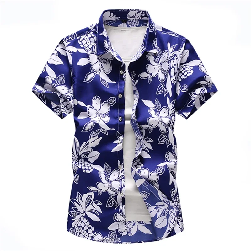 Men floral printed Slim Short sleeve shirts Summer Hawaiian vacation Party casual red blue black Shirt camisa masculina