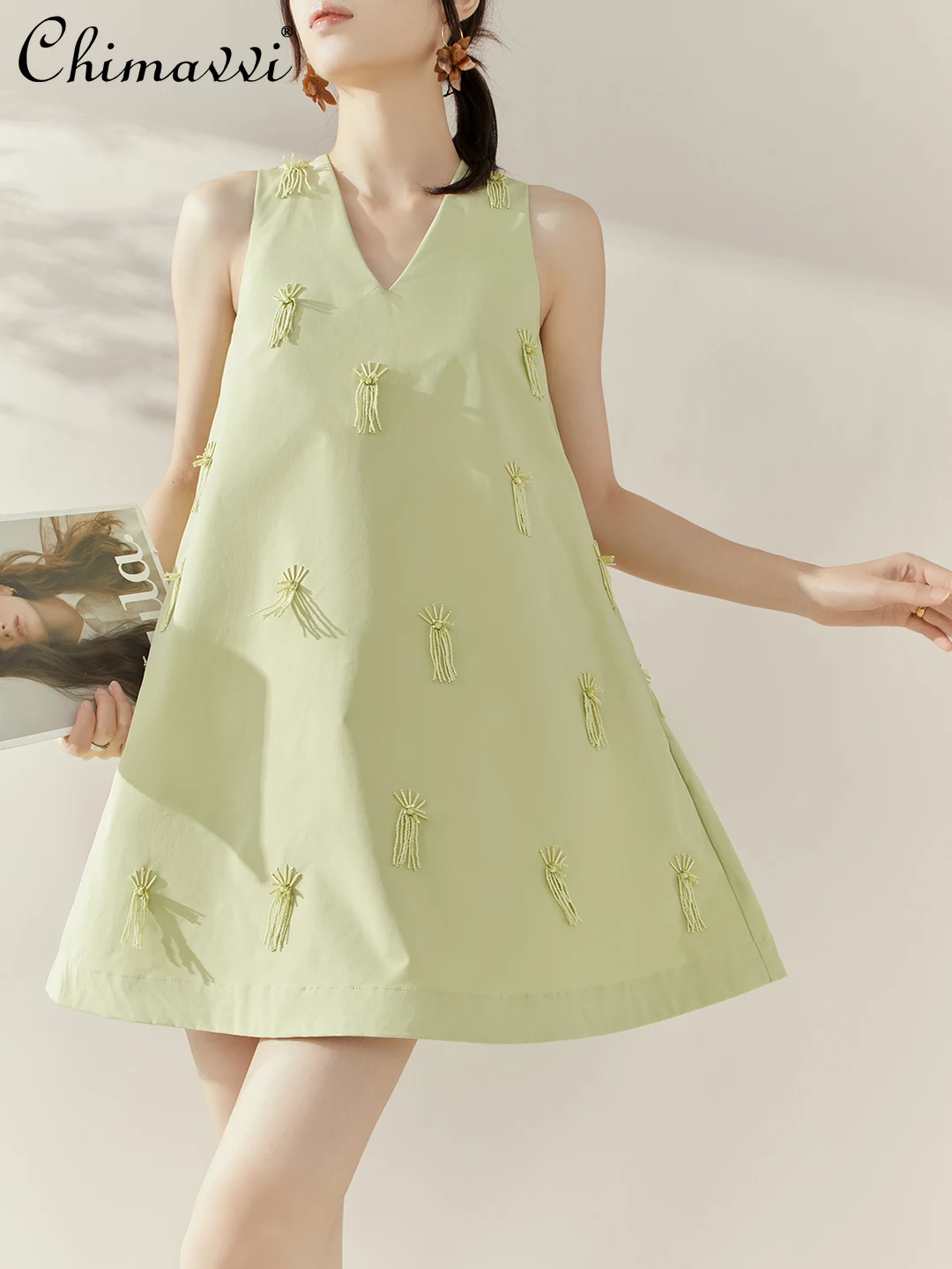 

Французские элегантные темпераментные пригородные платья-майки с v-образным вырезом без рукавов и кисточками из бисера с высокой талией, зеленое мини-платье трапециевидной формы, женское летнее