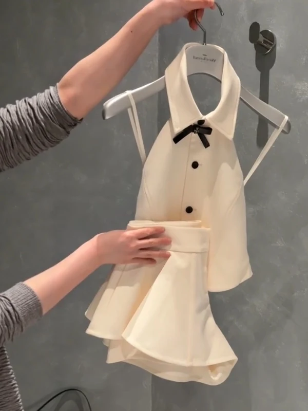 

Rich Girl Style Spring Summer New Knot Hanging Neck Sleeveless Vest Semi Skirt Pants Two Piece Set Women Fashion