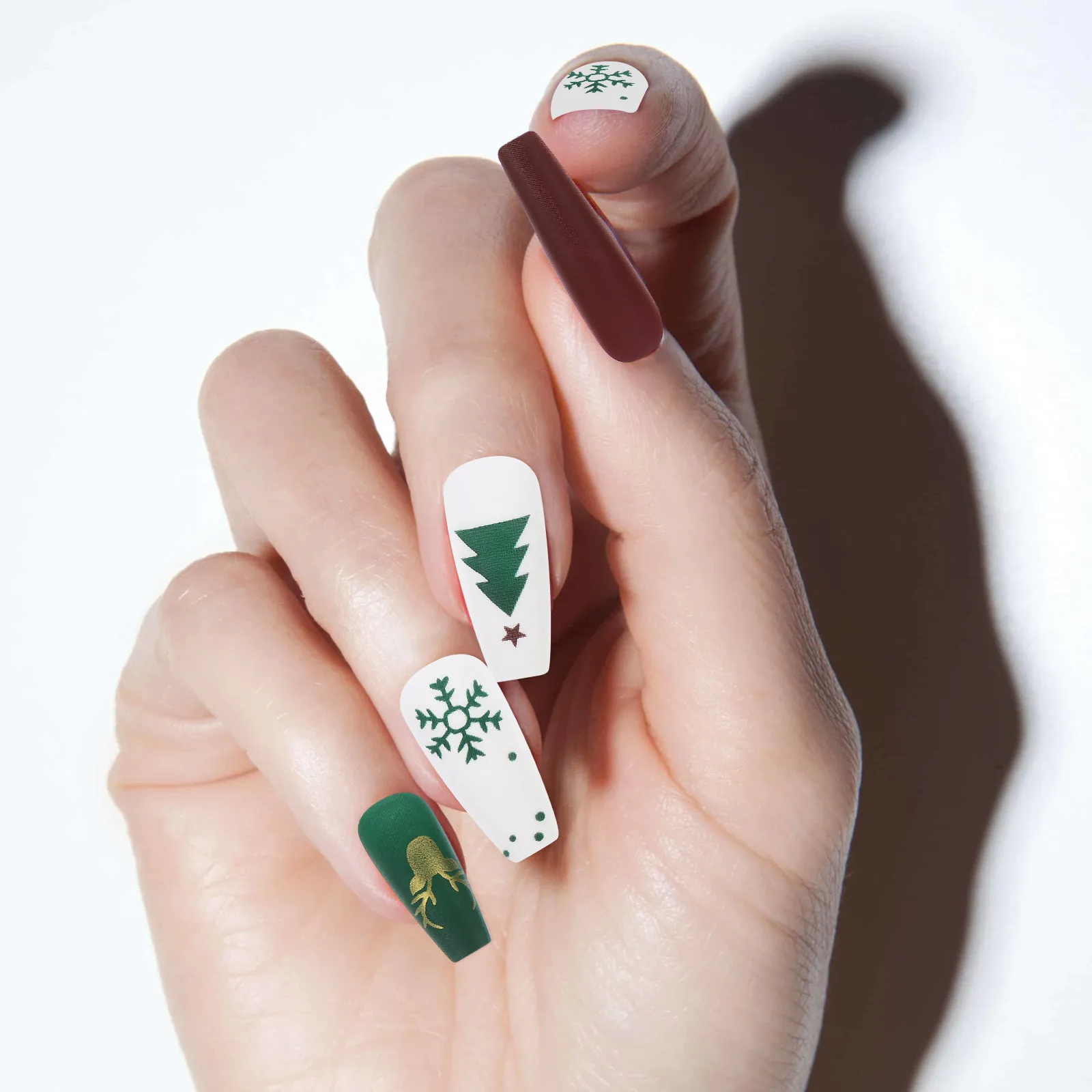 48Pcs Press on Nails Full Cover Fake Nails Christmas Design Ultra Thin Ballerina Shape with Nail Glue for Quick Manicure