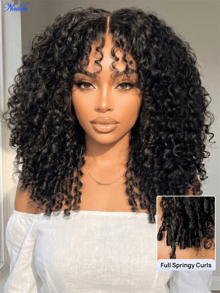 Nadula 7x5 Bye Bye Knots Burmese Curly Bangs Human Hair Wig with Finger Coil Ends  Natural Black Color Pre Cut Transparent Lace Pre Plucked Drawstring Human Hair Wigs Ready to Wear Density 180% for Women