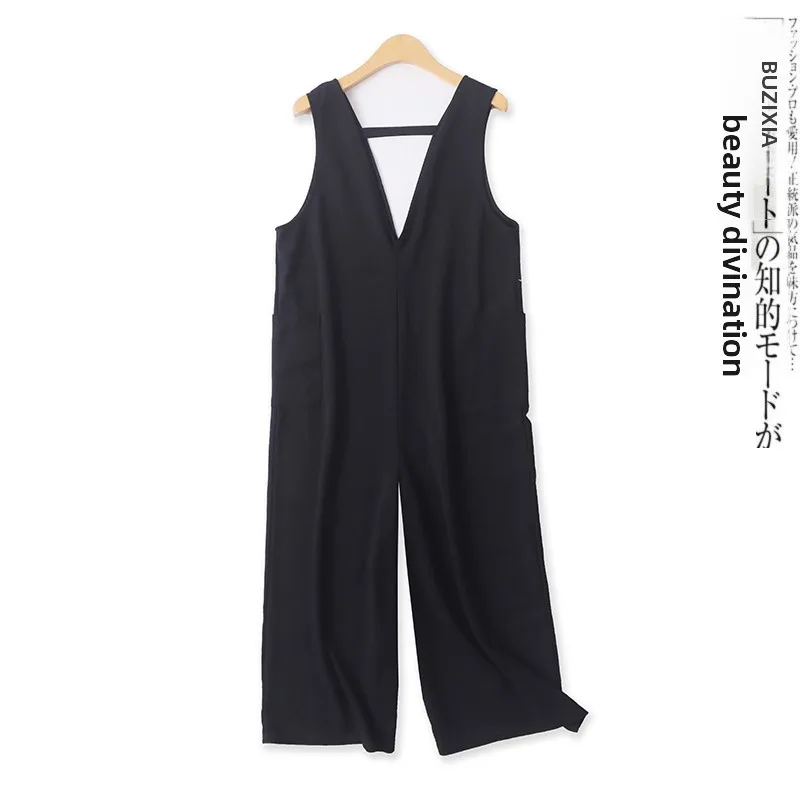 Fashionable Deep V-Neck Jumpsuit Vest Wide Leg Pants High Waist Casual Pants for Women New Summer Style Backless Design