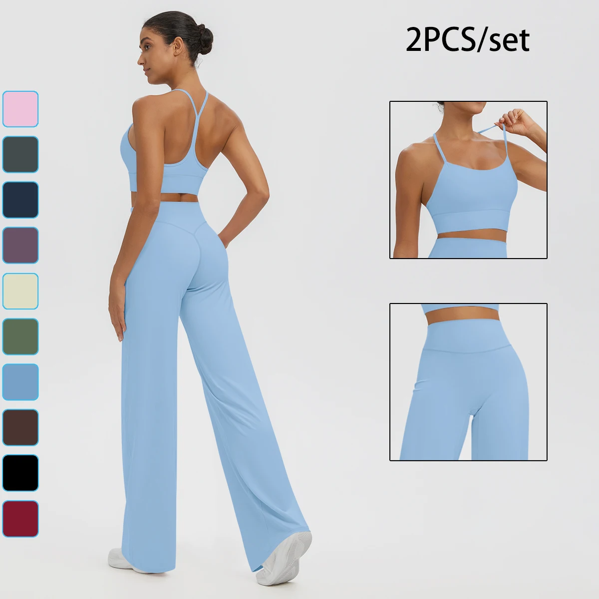 2PCS Summer Breathable Woman Yoga Set Quick Drying Beautiful Back Yoga Bra with Chest Pad Loose Push Up Wide Leg Pants Yoga Suit