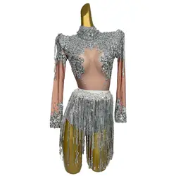 Silver Sparkly Sequins 2 Pcs Set Women Dress Design Birthday Party Performance Cocktail Cheer Body Suits Fringe Costume Nainiang