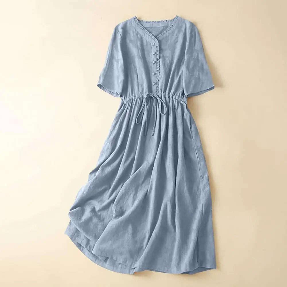 2026 Drawstring Waist Dress Women’s Cotton Linen Dress Short Sleeve V Neck Midi Dress Tie Waist Boho Casual Summer Flowy A-line