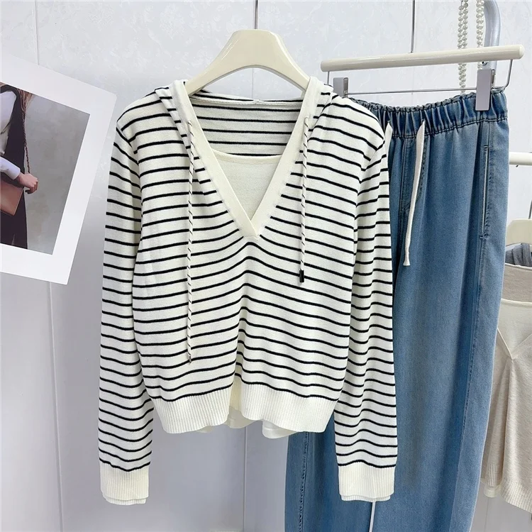 Casual Sle Farbe Blo Gestreiften Kapuzen Gestrickte Pullover frauen Lose Fit ort Top Faionable Herbst Neue Ankunft