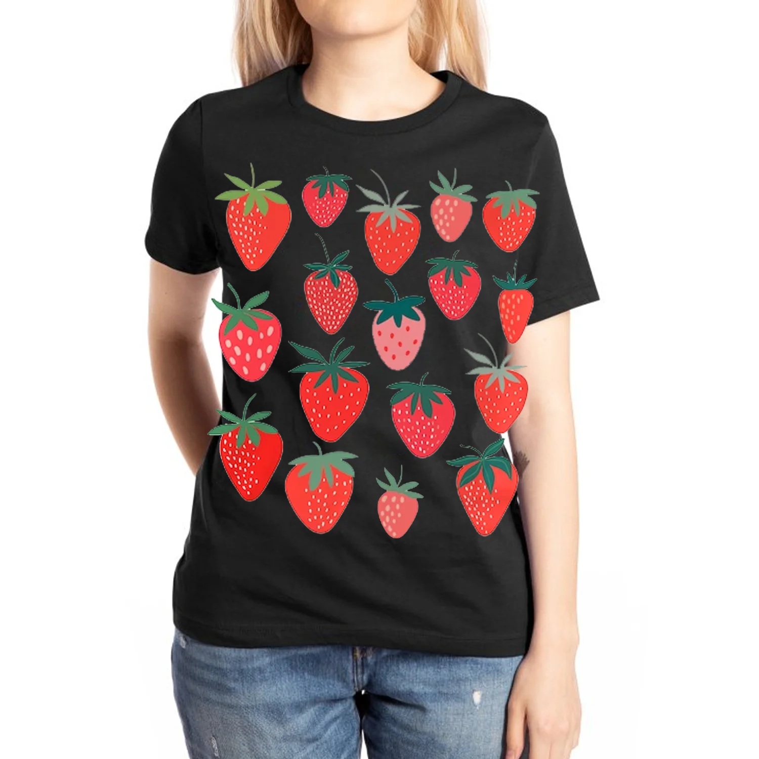 

Delicious Strawberry Print Women's T-Shirt 100% Cotton Loose Soft Short Sleeve Casual Pop Korean Girly Top Y2k