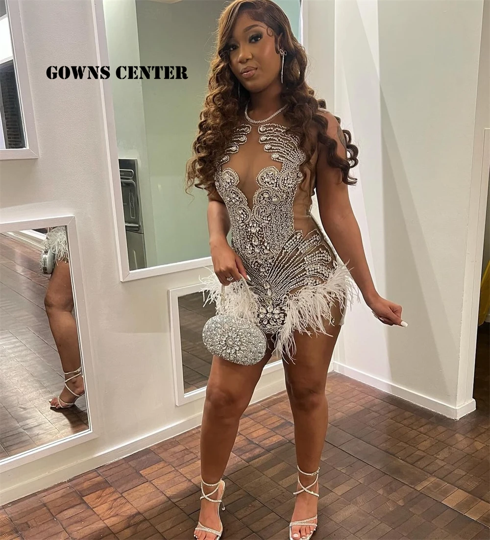 Silver Rhinestone White Featgers Black Girls Prom Dresses 2024 For Birthday Party Beaded Crystals Mini Cocktail Gowns Customized