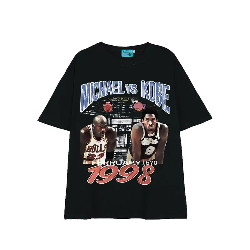 

American Retro Black Basketball Kobe Short-sleeved Men's European and American High Street Blockbuster Hip-hop Style T-shirt