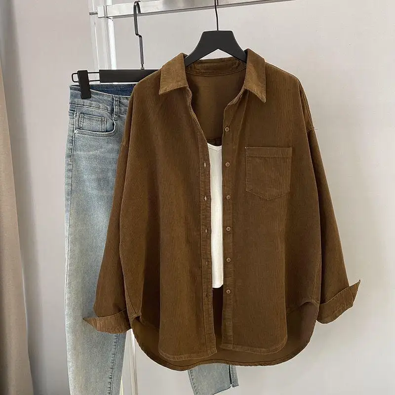 Corduroy Shirt Women's Long Sleeve Loose Lazy Top Mid-Length Shirt Jacket Spring Style Korean Version Warm Polyester Fiber