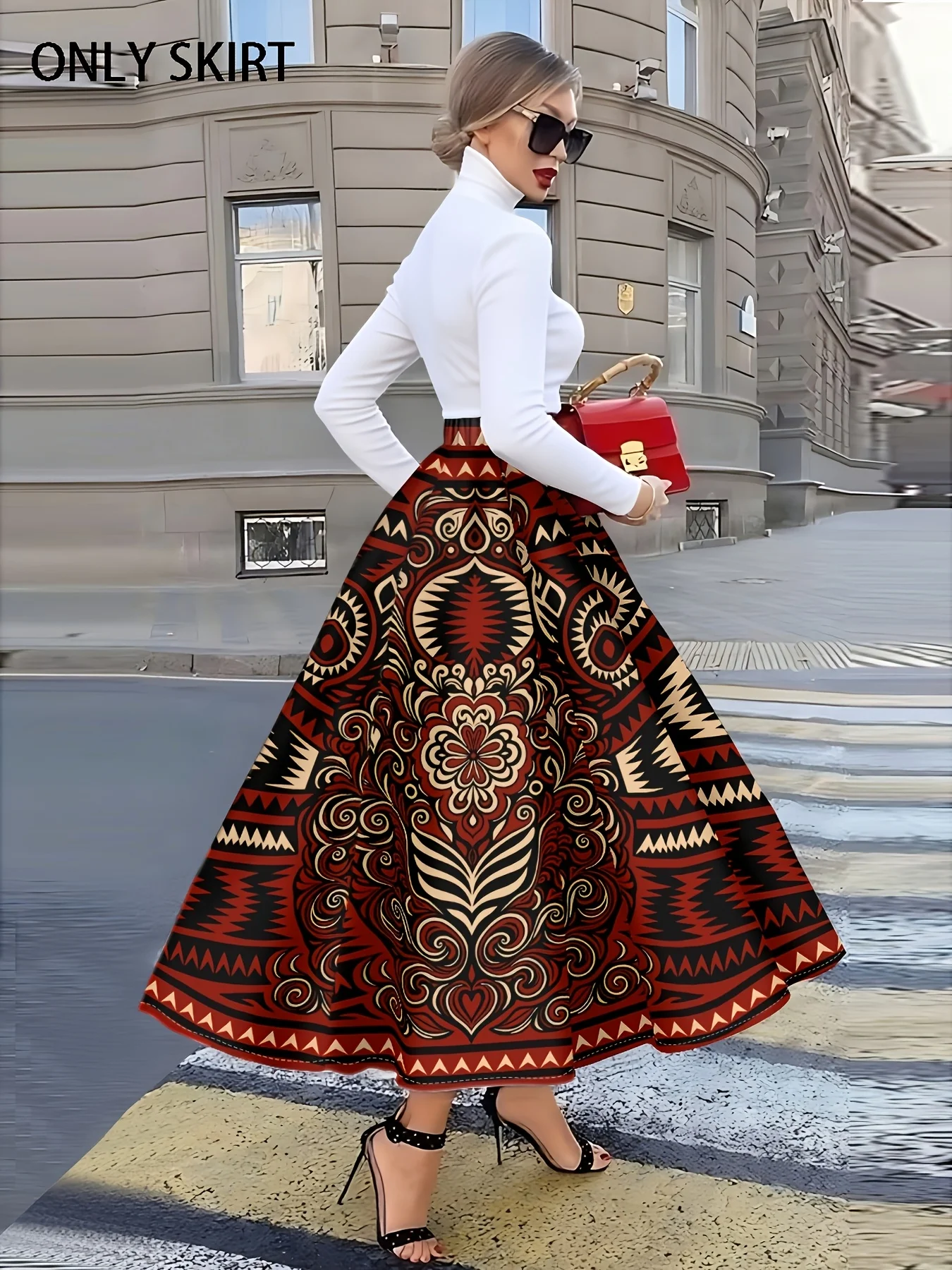 Printed Design Women's Red Black Beige Ethnic Tribal Print High Waist A Line Midi Skirt