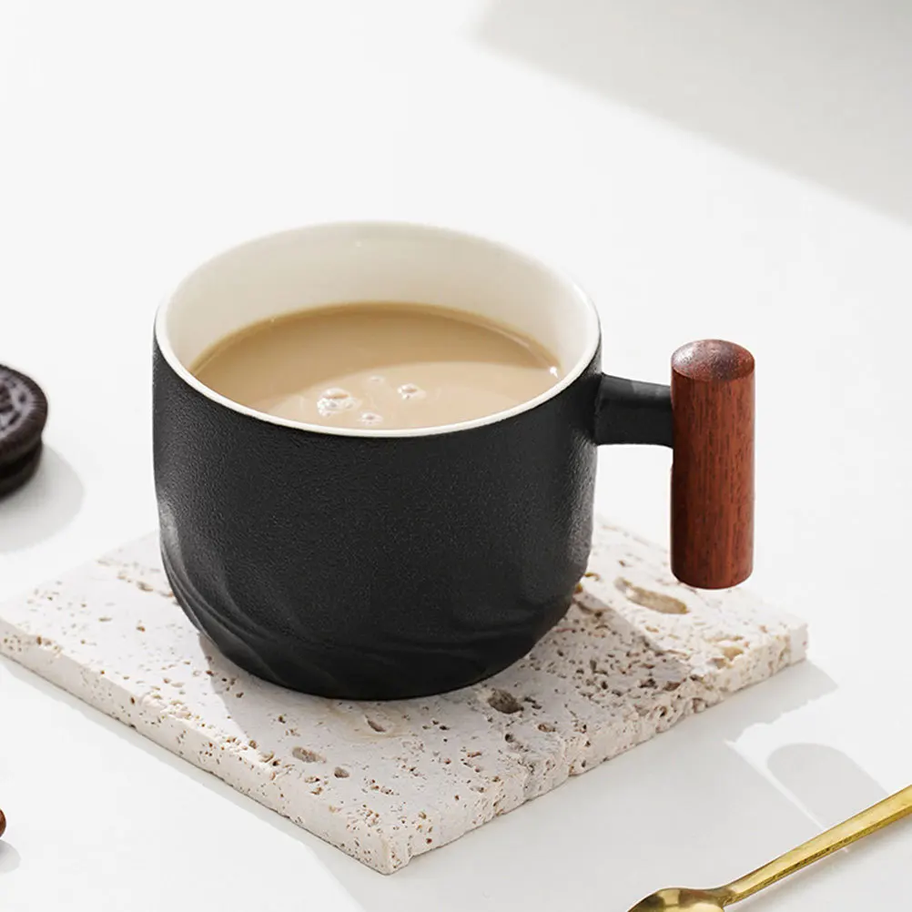 

Ceramic Cappuccino Cup Set Saucer Wooden Handle Classic Color Stylish Decor Multi Purpose Beverage Container Ceramic Cup