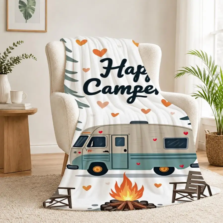 Cozy Happy Campers Weighted Blanket - Soft Flannel Fleece Suitable for Couch, Bed, Travel | Vintage Camper & Pine Tree Design, Warm Throw for &, Machine Washable Gift for Camping Enthusiasts, - Bedspread
