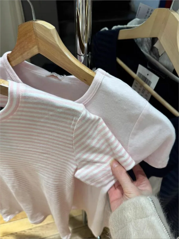 Sweet Pink Striped Short Sleeve Tees Women New Casual Slim O-neck Tshirts Tops Female Cute Preppy Style Streetwear T-shirts Y2K