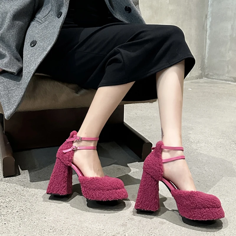 Luxury Platform Fuchisa Lambswool Mary Janes Woman Elegant Fleece High Heel Ankle Strap Pumps Ladies Trendy Brand Party Shoes