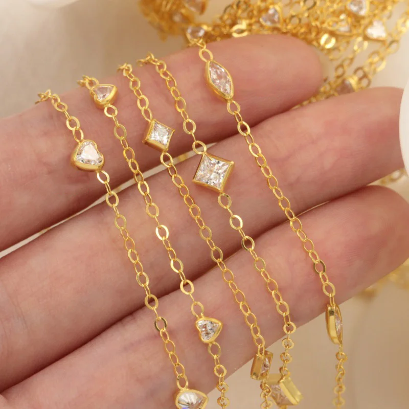 14K Gold Filled Flat Cable Chain With Cz 1 Meter for Sale ,Zirconia Link Chain Square Chain Oval Chain , DIY Jewelry Accessories