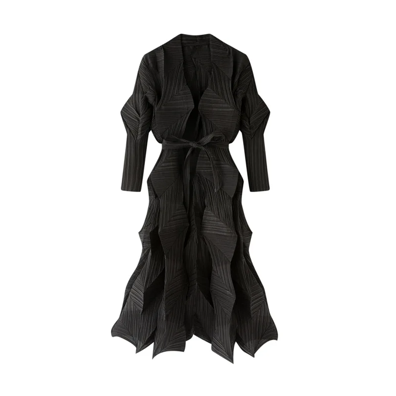 Miyake Fold Spring and Autumn New Fashionable Versatile Solid Color Long Strap Coat for Women, Casual Windbreaker for Women
