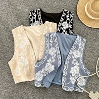 Chaleco corto bordado para mujer, chalecos de punto abierto sin mangas a la moda, abrigos, prendas de vestir exteriores Vintage a la moda para mujer